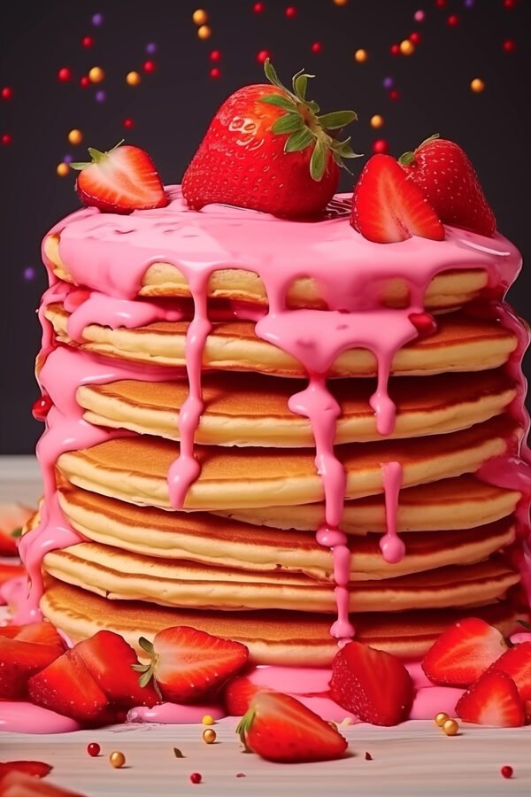 Stapel pannenkoeken met roze glazuur en aardbeien Stapel pannenkoeken met roze glazuur en aardbeien