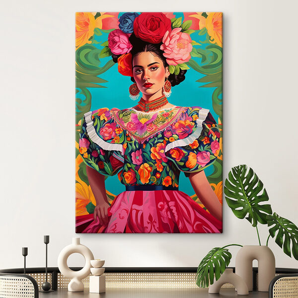 Vrouw die een kleurrijke jurk draagt met bloemen in haar haar Vrouw die een kleurrijke jurk draagt met bloemen in haar haar