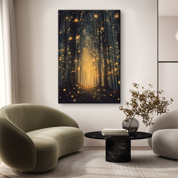 Pad door een bos met veel bomen met lichtjes Pad door een bos met veel bomen met lichtjes