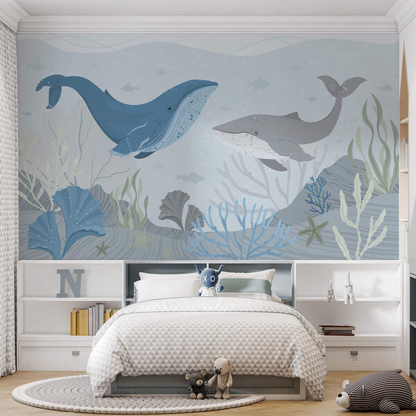 Walvis en walvis zwemmen in de oceaan Walvis en walvis zwemmen in de oceaan