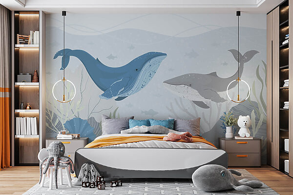 Walvis en walvis zwemmen in de oceaan Walvis en walvis zwemmen in de oceaan