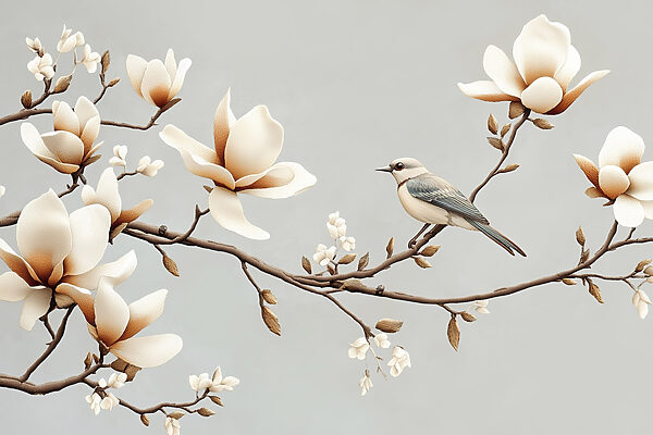 Vogel op een tak met bloemen Vogel op een tak met bloemen