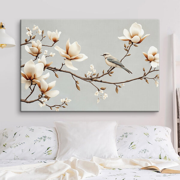 Vogel op een tak met bloemen Vogel op een tak met bloemen
