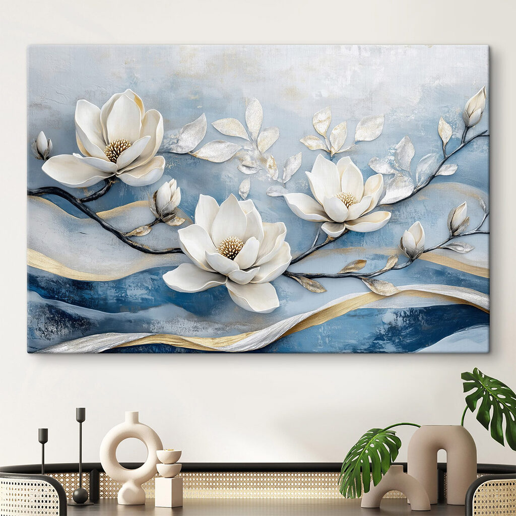 White flowers on a blue background