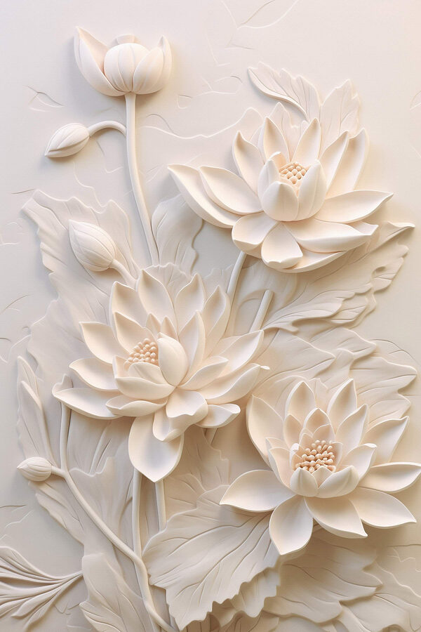 Snijwerk van witte bloemen op een muur Snijwerk van witte bloemen op een muur