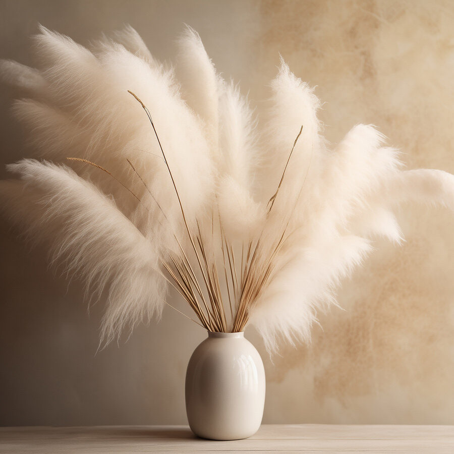 Witte vaas met pluizige bloemen