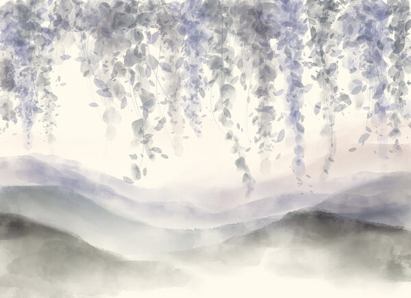 Schilderij van een landschap met mist en bladeren Schilderij van een landschap met mist en bladeren