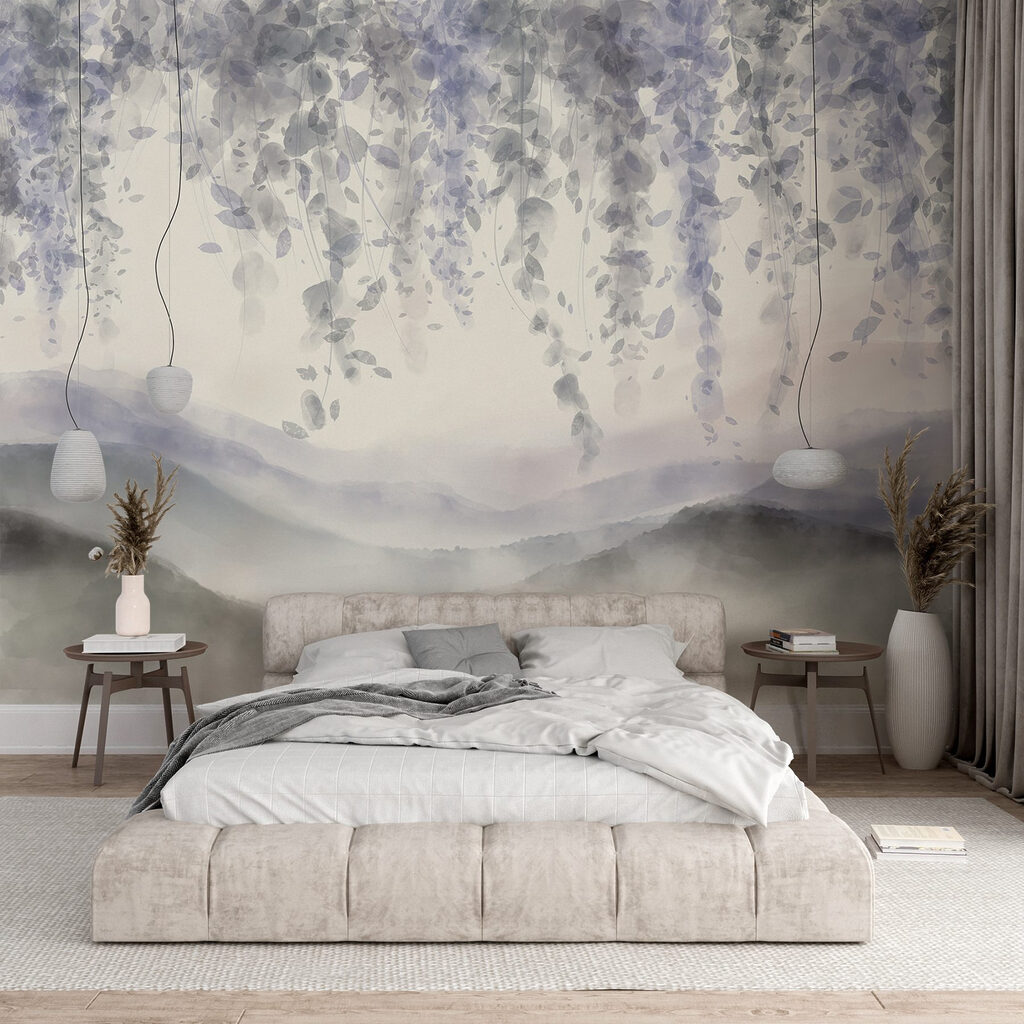 Painting of a landscape with fog and leaves Painting of a landscape with fog and leaves