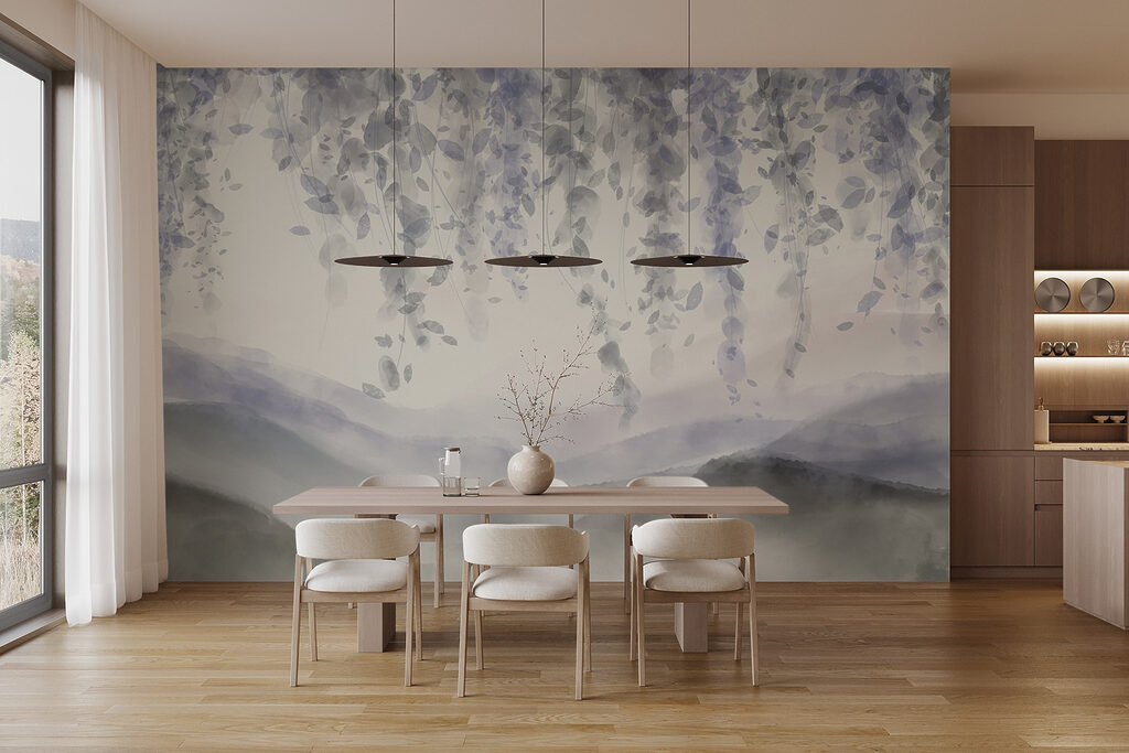 Painting of a landscape with fog and leaves Painting of a landscape with fog and leaves