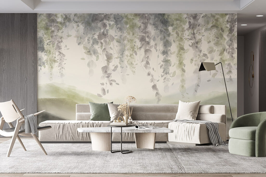 Painting of a landscape with leaves from the ceiling