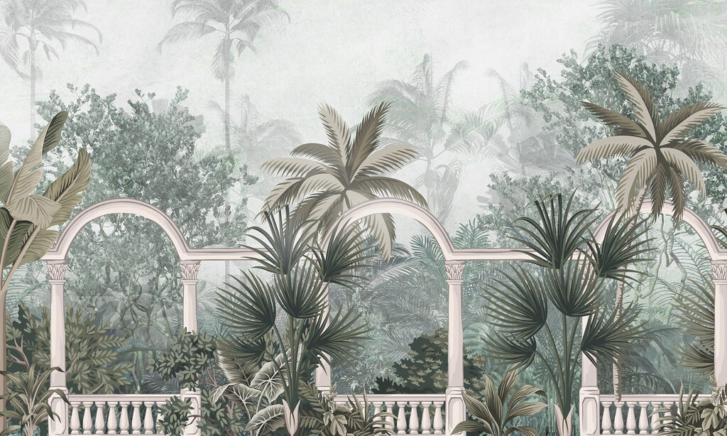 Behang met palmbomen en een balkon Behang met palmbomen en een balkon