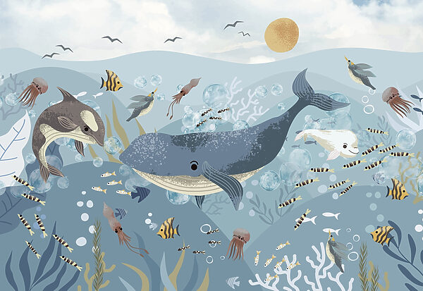Groep vissen en walvissen zwemmend in de oceaan Groep vissen en walvissen zwemmend in de oceaan