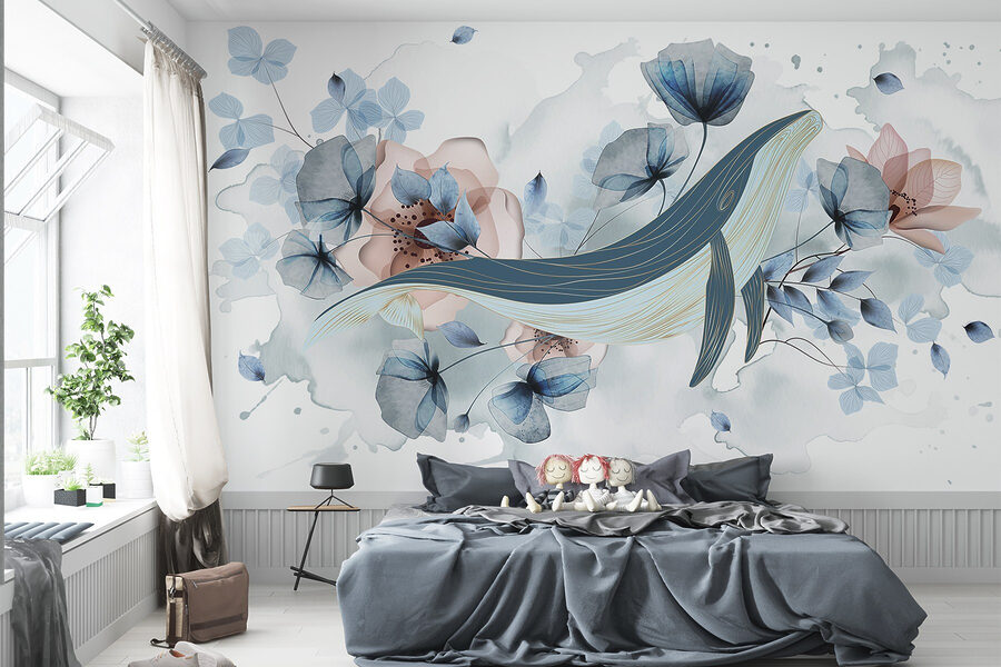 Walvis met bloemen en bladeren