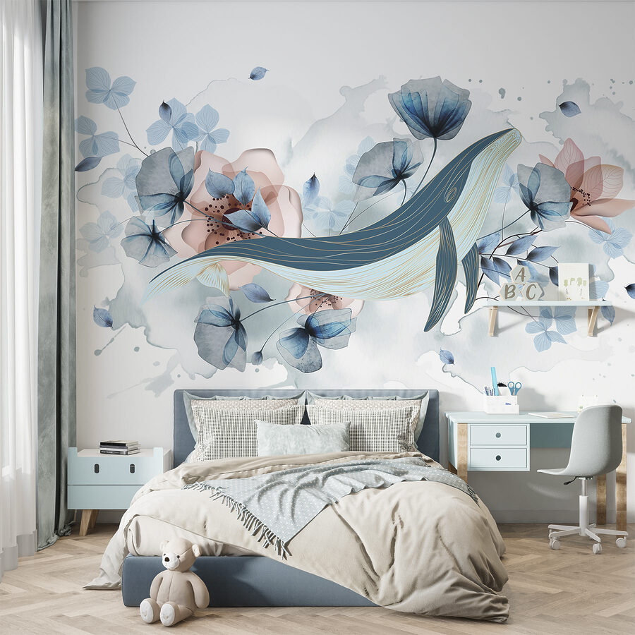 Walvis met bloemen en bladeren