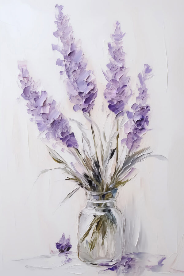 Schilderij van paarse bloemen in een glazen vaas Schilderij van paarse bloemen in een glazen vaas