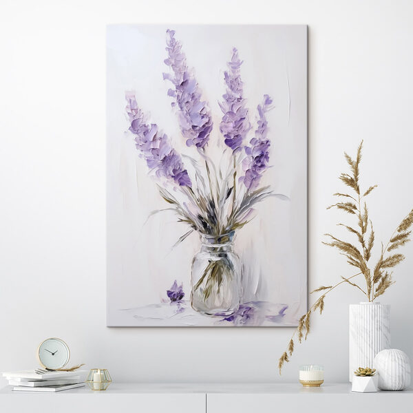 Schilderij van paarse bloemen in een glazen vaas Schilderij van paarse bloemen in een glazen vaas