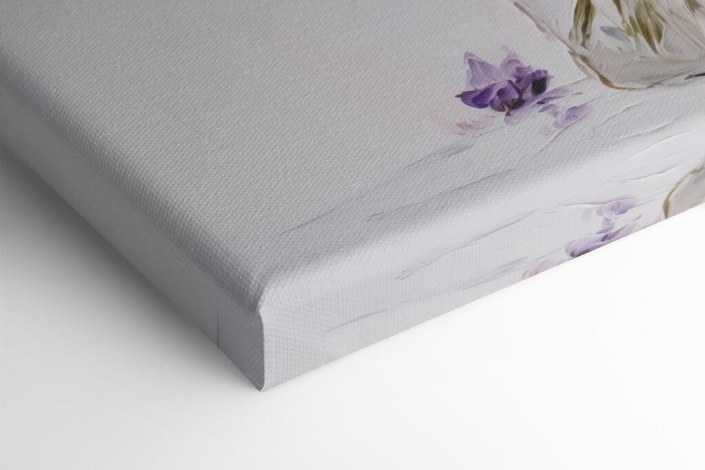 Painting of purple flowers in a glass vase