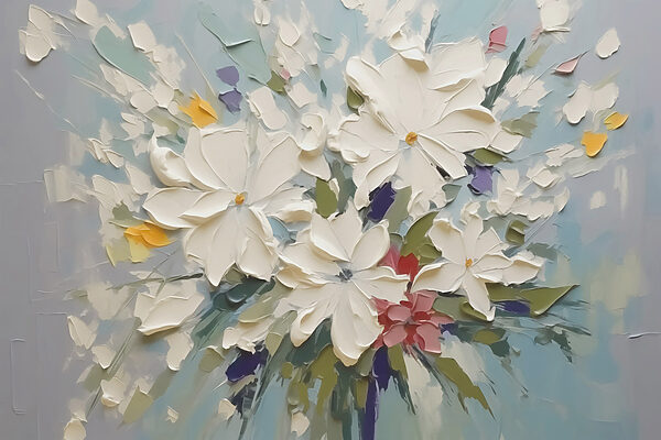 Schilderij van bloemen op een blauw oppervlak Schilderij van bloemen op een blauw oppervlak
