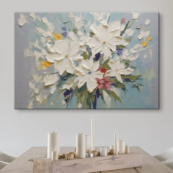 Schilderij van bloemen op een blauw oppervlak Schilderij van bloemen op een blauw oppervlak