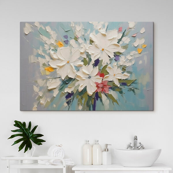 Schilderij van bloemen op een blauw oppervlak Schilderij van bloemen op een blauw oppervlak