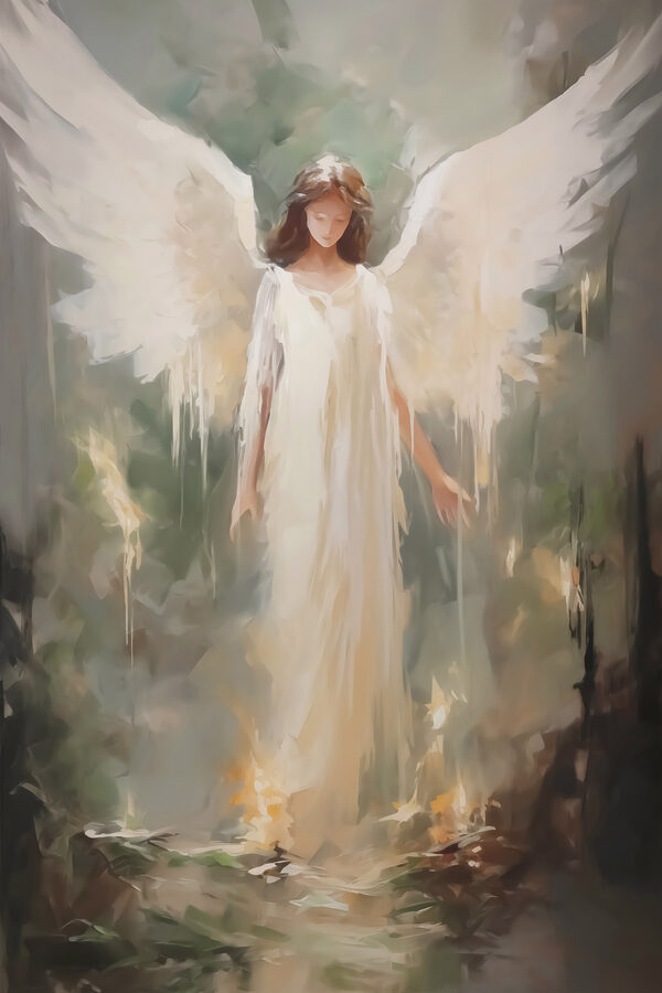 Schilderij van een vrouw in een witte jurk met vleugels Schilderij van een vrouw in een witte jurk met vleugels