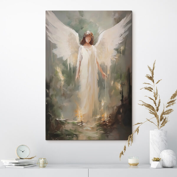 Schilderij van een vrouw in een witte jurk met vleugels Schilderij van een vrouw in een witte jurk met vleugels