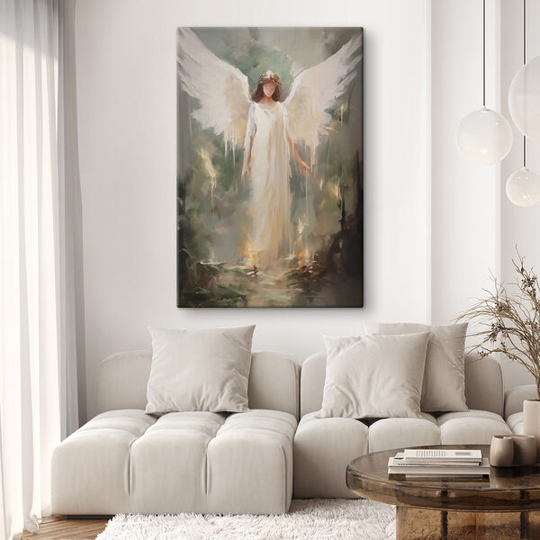 Schilderij van een vrouw in een witte jurk met vleugels Schilderij van een vrouw in een witte jurk met vleugels