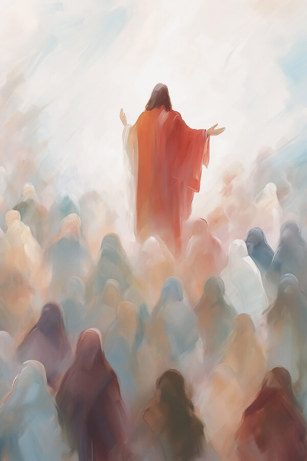 Schilderij van een man in een rood gewaad omringd door een groep mensen Schilderij van een man in een rood gewaad omringd door een groep mensen