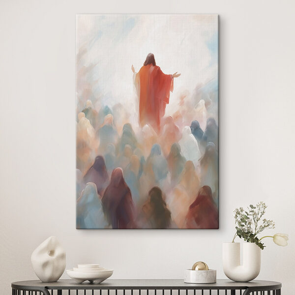 Schilderij van een man in een rood gewaad omringd door een groep mensen Schilderij van een man in een rood gewaad omringd door een groep mensen
