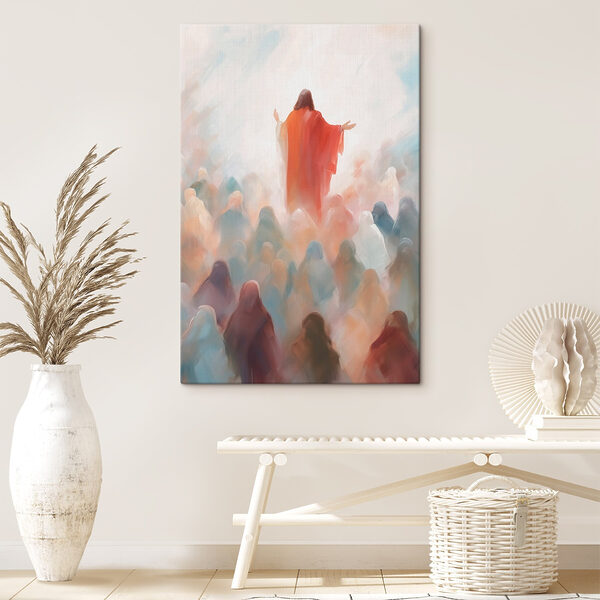 Schilderij van een man in een rood gewaad omringd door een groep mensen Schilderij van een man in een rood gewaad omringd door een groep mensen