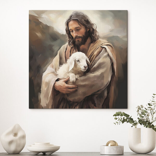 Schilderij van een man met een lam Schilderij van een man met een lam
