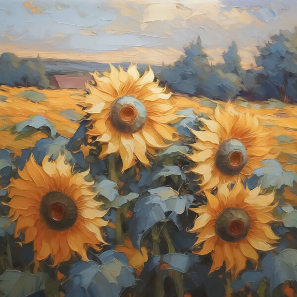 Schilderij van zonnebloemen in een veld Schilderij van zonnebloemen in een veld