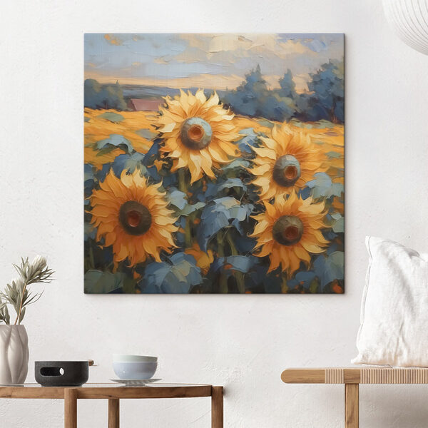 Schilderij van zonnebloemen in een veld Schilderij van zonnebloemen in een veld