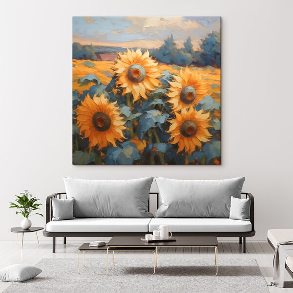Schilderij van zonnebloemen in een veld Schilderij van zonnebloemen in een veld