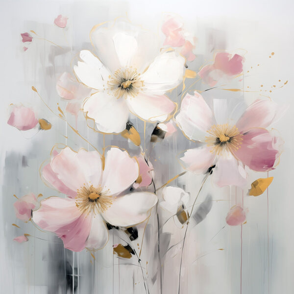 Schilderij van bloemen op een grijze achtergrond Schilderij van bloemen op een grijze achtergrond