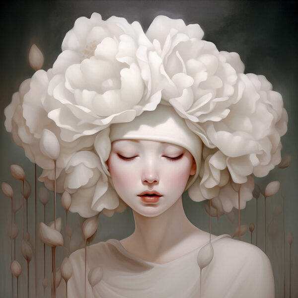 Vrouw met witte bloemen op haar hoofd Vrouw met witte bloemen op haar hoofd