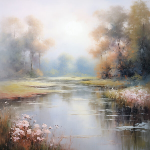 Schilderij van een rivier met bomen en gras Schilderij van een rivier met bomen en gras