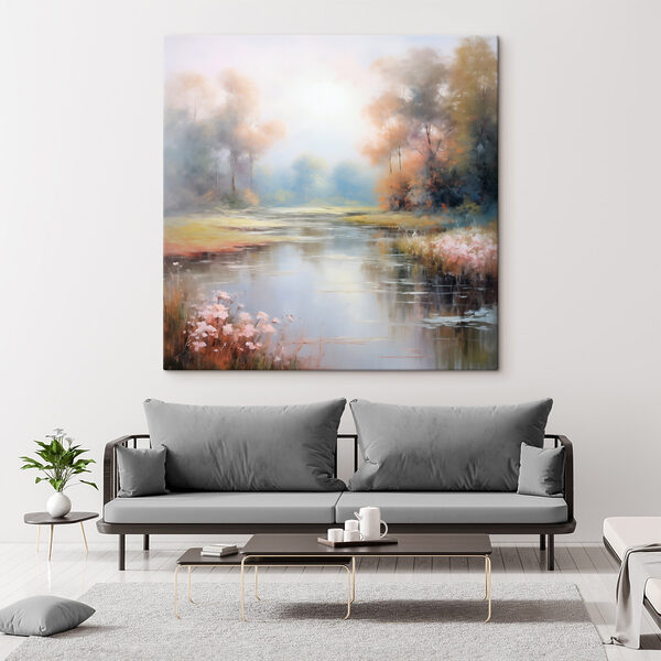 Schilderij van een rivier met bomen en gras Schilderij van een rivier met bomen en gras