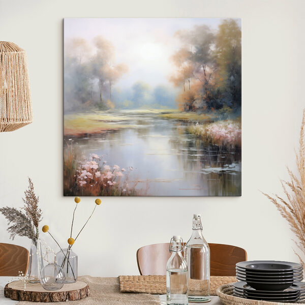 Schilderij van een rivier met bomen en gras Schilderij van een rivier met bomen en gras