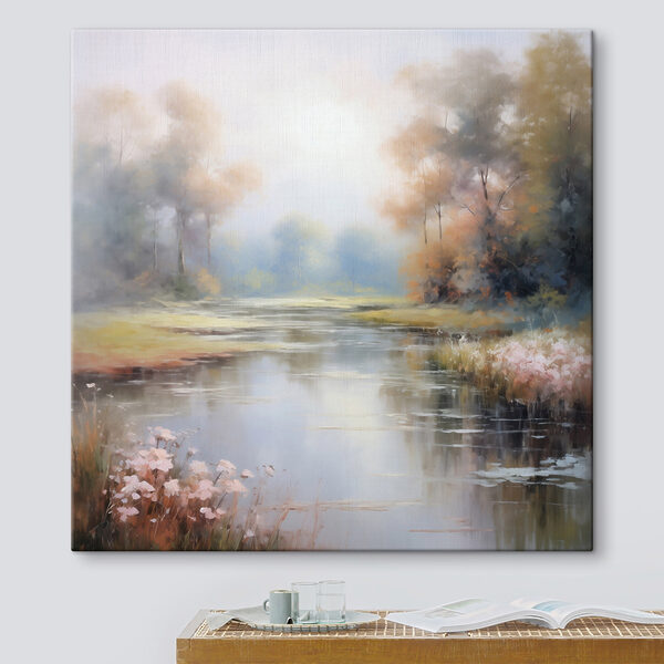 Schilderij van een rivier met bomen en gras Schilderij van een rivier met bomen en gras