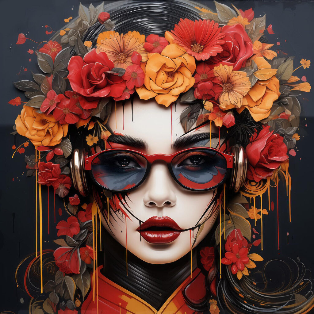 Woman with flowers in her hair and glasses Woman with flowers in her hair and glasses