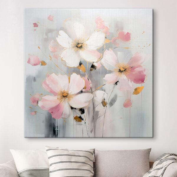 Schilderij van bloemen op een grijze achtergrond Schilderij van bloemen op een grijze achtergrond