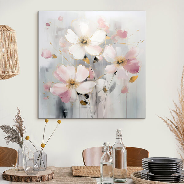 Schilderij van bloemen op een grijze achtergrond Schilderij van bloemen op een grijze achtergrond