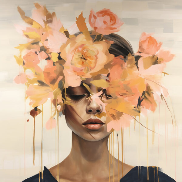 Schilderij van een vrouw met bloemen op haar hoofd Schilderij van een vrouw met bloemen op haar hoofd