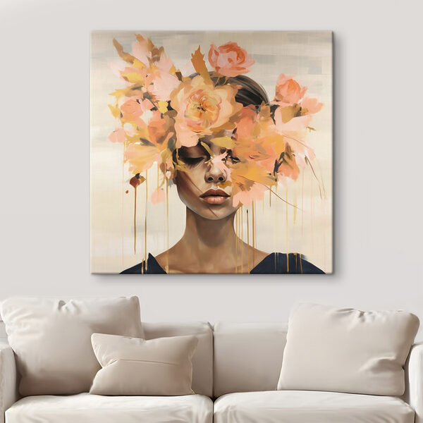 Schilderij van een vrouw met bloemen op haar hoofd Schilderij van een vrouw met bloemen op haar hoofd