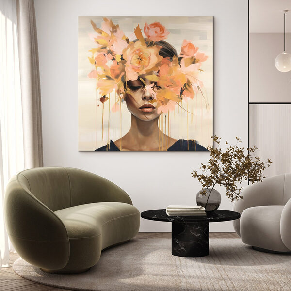 Schilderij van een vrouw met bloemen op haar hoofd Schilderij van een vrouw met bloemen op haar hoofd