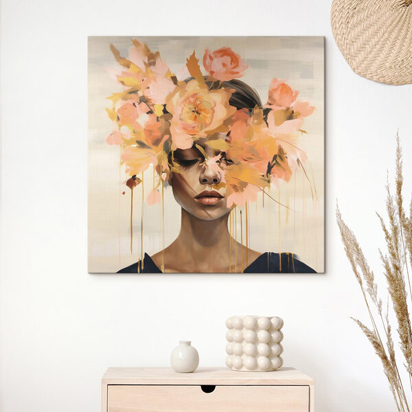 Schilderij van een vrouw met bloemen op haar hoofd Schilderij van een vrouw met bloemen op haar hoofd