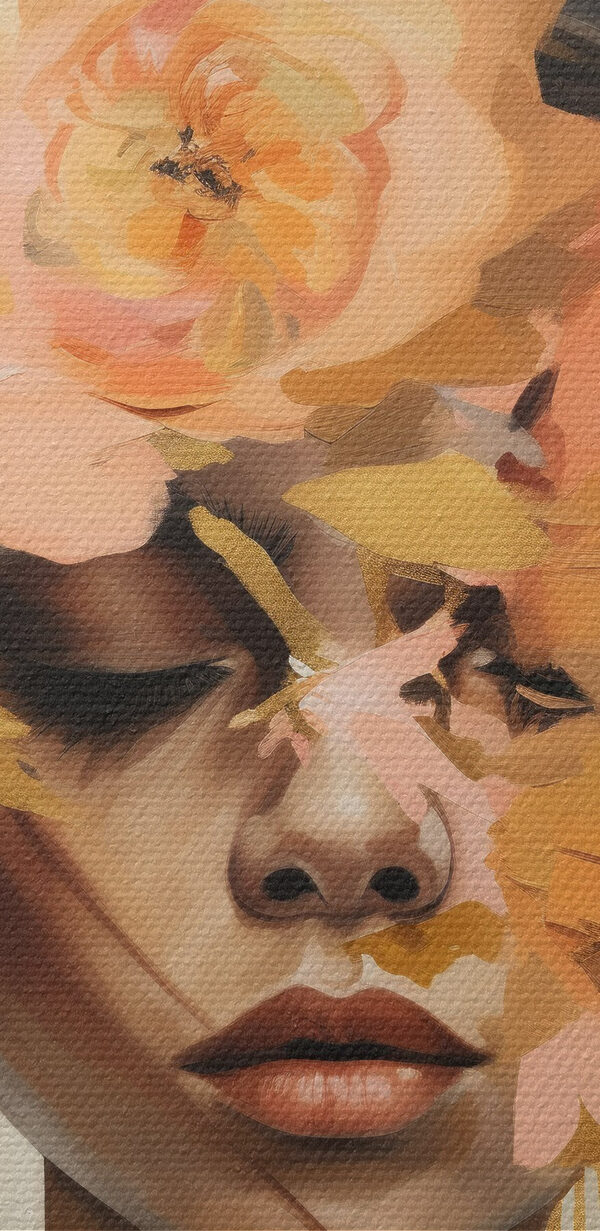 Schilderij van een vrouw met bloemen op haar hoofd Schilderij van een vrouw met bloemen op haar hoofd