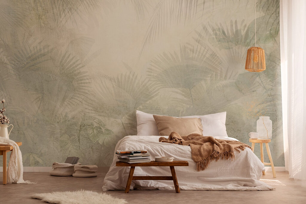 White background with palm leaves