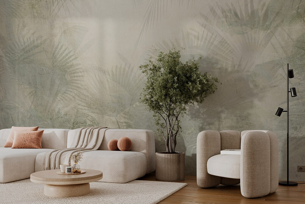 White background with palm leaves